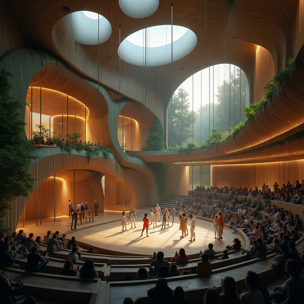 Prompt: Curved, futuristic performing arts center, organic architecture, wavy roof, green walls, natural materials, wooden accents, large glass windows, open interior spaces, staircase with planters, modern chandeliers, soft warm lighting, evening atmosphere, people sitting on stairs watching a performance, blurred background audience, spotlights shining on stage, dynamic shadows, 3/4 composition, shallow depth of field, cinematic mood, dramatic ambiance.