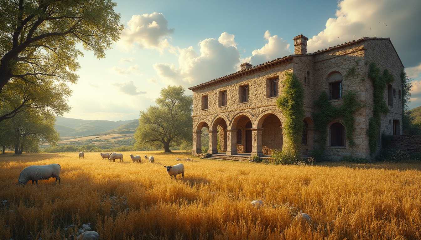 Prompt: Rustic farmland, rolling hills, golden wheat fields, old stone farmhouse, Romanesque architecture, columns, arches, ornate carvings, weathered wooden doors, vines crawling up walls, blooming wildflowers, lazy sheep grazing, ancient trees, cloudy blue sky, warm sunlight casting long shadows, 3/4 composition, panoramic view, soft focus on background, high contrast, cinematic lighting.