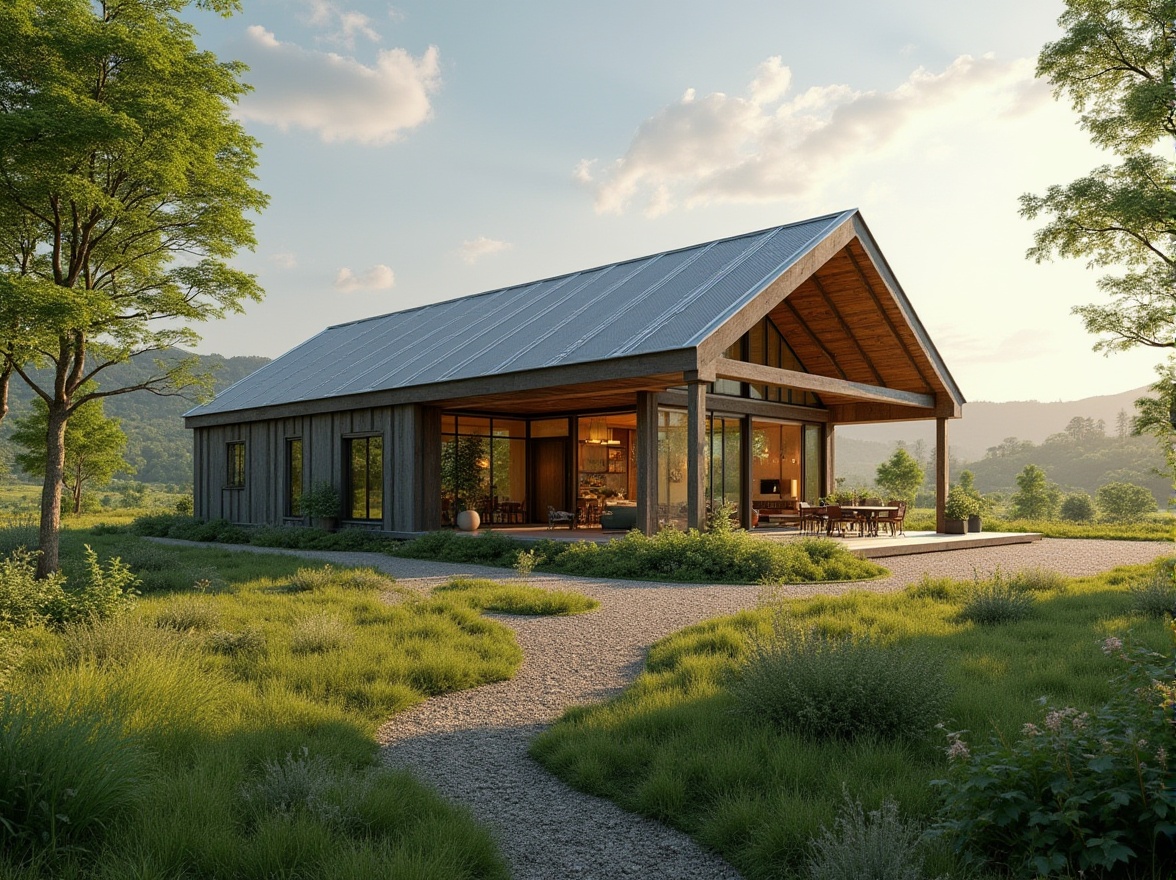 Prompt: Lavacrete, eco-friendly, sustainable material, modern barn, green architecture, rustic exterior walls, large windows, natural lighting, open interior space, minimalist decor, wooden beams, metal roofing, lush greenery surroundings, rolling hills, countryside landscape, serene atmosphere, warm afternoon sunlight, soft shadows, 3/4 composition, realistic texture, vibrant colors.