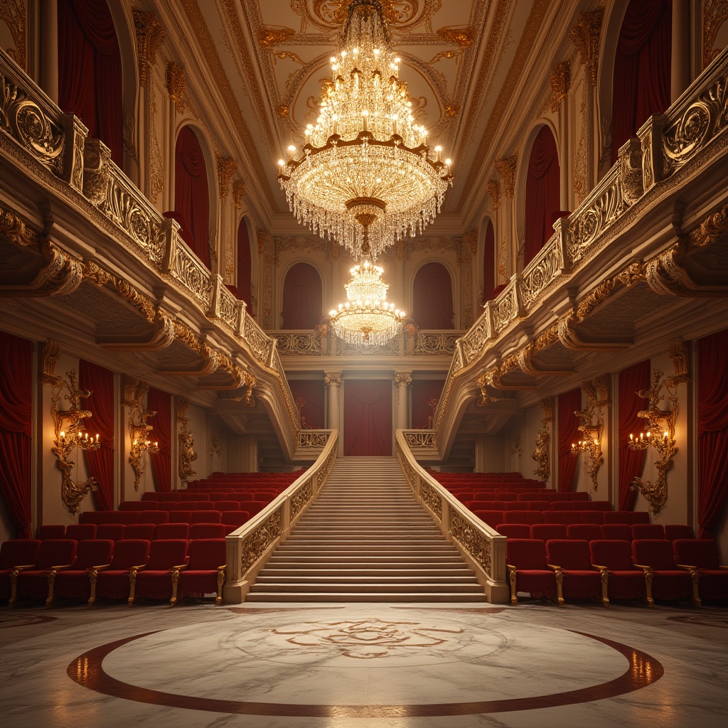 Prompt: Grand auditorium, classicism style, luxurious chandelier, ornate details, marble floor, grand staircase, velvet curtains, golden decorations, majestic high ceiling, elegant arches, intricate carvings, soft warm lighting, dramatic shadows, symmetrical composition, 3/4 view, Renaissance-inspired architecture, Baroque-style ornaments, refined atmosphere, sophisticated ambiance.