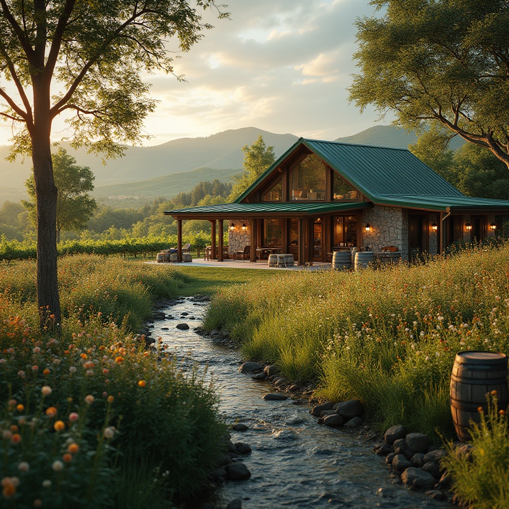 Prompt: Vineyard winery, modern architecture, green roof, rustic stone walls, large windows, wooden doors, surrounded by rolling hills, lush grasslands, wildflowers blooming in vibrant colors, tall trees providing shade, a meandering stream running through the property, wine barrels, grapevines, wooden crates, rustic lanterns, warm sunset lighting, soft focus, 3/4 composition, ambient atmosphere, natural materials, earthy tones.