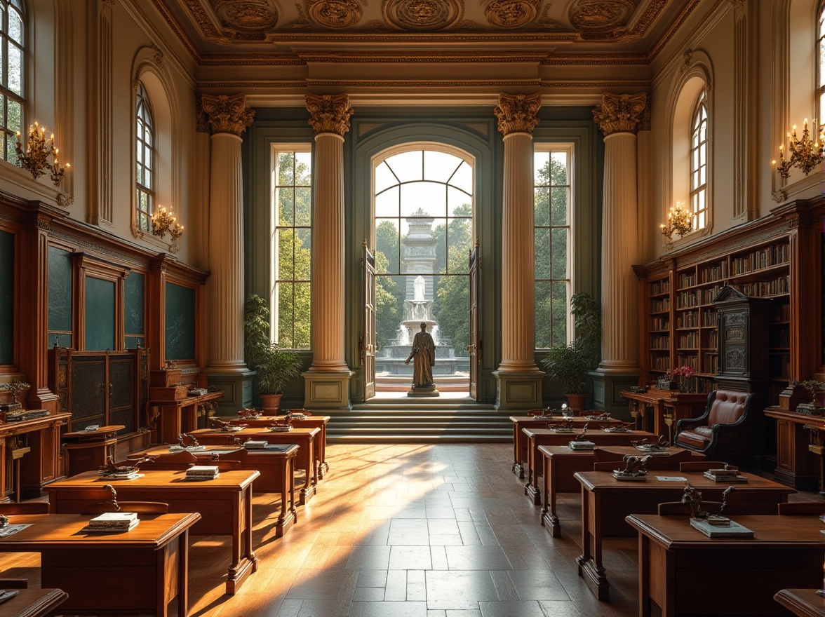 Prompt: Classic, elegant school building, incorporating bronze materials, columned facade, ornate entrance door with bronze handles, grand staircase with bronze handrails, high ceilings with intricate moldings, large windows with bronze frames, vintage chandeliers, wooden floors, rows of old wooden desks, blackboards, lecterns, professors' offices with bookshelves, bronze statue of a historic figure, courtyard with fountain, bronze benches, lush greenery, sunny afternoon, warm soft lighting, 3/4 composition.