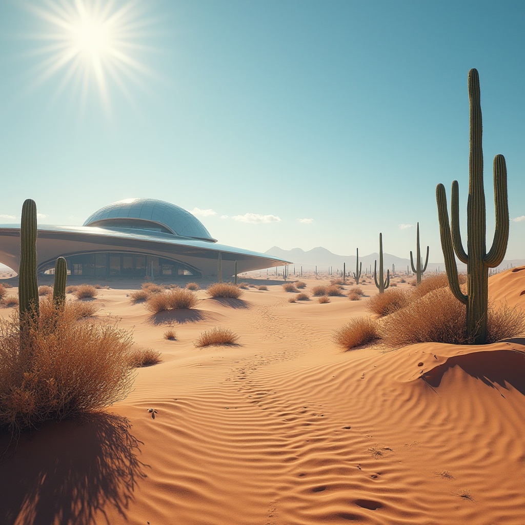 Prompt: Desert landscape, sandy dunes, cactus plants, vast open space, clear blue sky, hot sun, mirage effect, futuristic architecture, metallic materials, reflective surfaces, angular lines, minimalist design, solar panels, wind turbines, eco-friendly solutions, sustainable living, abandoned ruins, ancient civilizations, mysterious atmosphere, warm lighting, low-angle shot, cinematic composition.