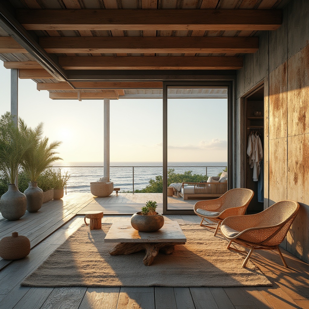 Prompt: Beach modernism, galvanized steel, coastal villa, luxurious, sleek lines, minimalist decor, large windows, sliding glass doors, ocean view, balcony, rusty metal texture, distressed wood accents, natural fiber furniture, woven rattan chairs, nautical rope details, potted succulents, driftwood coffee table, reclaimed wood flooring, weathered wood shutters, corrugated metal roofing, panoramic coastal view, warm golden lighting, 3/4 composition, soft focus background.