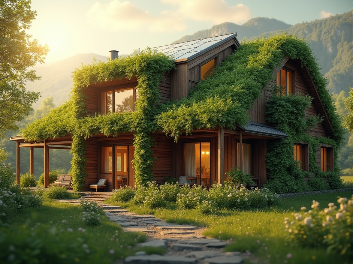 Prompt: Eco-friendly building, organic architecture, sustainable practices, green roof, solar panels, recycled materials, living walls, natural ventilation, earthy tone, wooden structure, vines crawling up the facade, lush greenery, serene atmosphere, warm lighting, afternoon sun, soft focus, shallow depth of field, natural composition.