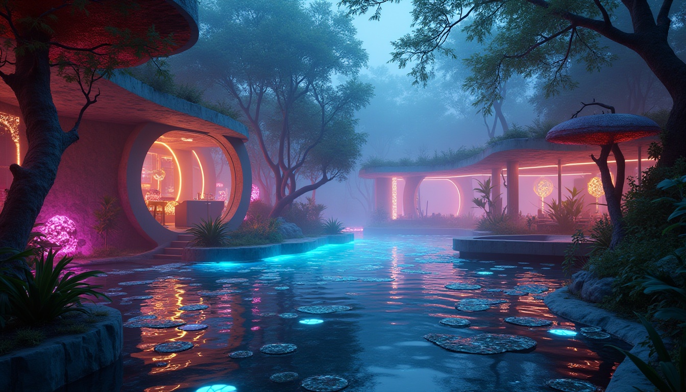 Prompt: Neon-lit nightclubs, futuristic architecture, wetland environment, misty atmosphere, lush greenery, twisted mangrove trees, glowing mushrooms, iridescent water lilies, reflective pool, bioluminescent plants, metallic dance floor, strobe lights, DJ booth, luxurious VIP area, fog machines, laser beams, 3/4 composition, low-angle shot, cinematic lighting, vibrant color palette, misty ambiance, mysterious atmosphere.