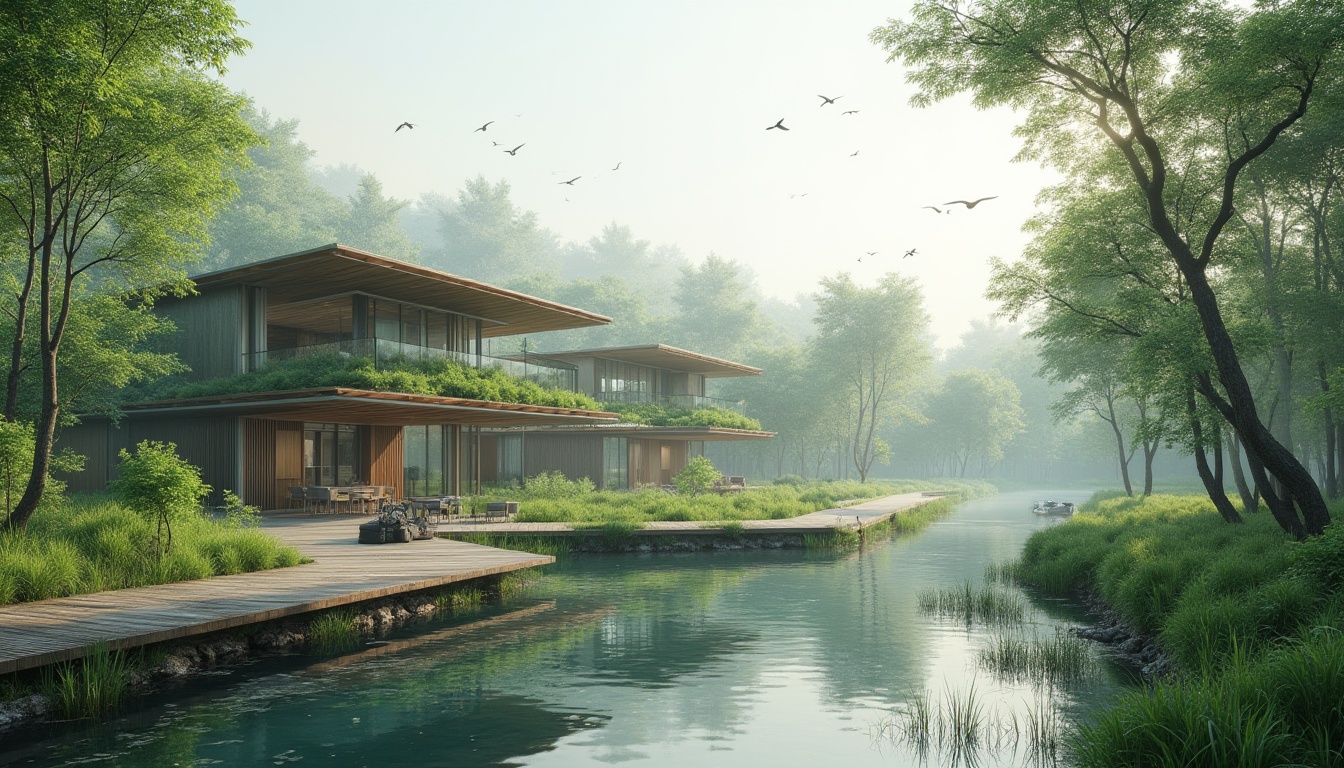 Prompt: Eco-friendly wetland architecture, modern sustainable building, green roof, solar panels, recycled materials, natural ventilation, rainwater harvesting system, mangrove forest, serene water reflections, misty atmosphere, soft diffused light, 3/4 composition, shallow depth of field, vibrant greenery, wooden boardwalk, educational signage, wild birds flying overhead, gentle breeze rustling leaves.