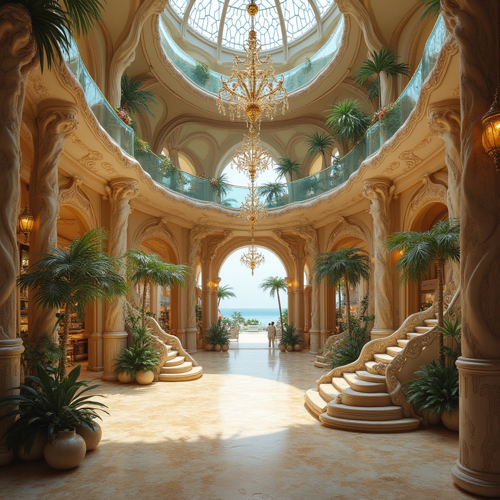 Prompt: Art Nouveau, shopping center, beach-inspired, seaside, Mediterranean, luxurious, grandiose, intricate architecture, ornate details, flowing curves, organic shapes, seashell motifs, ocean-blue glass, wavy wooden panels, driftwood accents, coral-like stonework, majestic entrance, sweeping staircases, elegant chandeliers, soft golden lighting, warm beige marble floors, lush greenery, potted palm trees, ornamental fountains, panoramic views of the coast, serene ambiance, 3/4 composition, cinematic framing, soft focus, warm sunset colors.