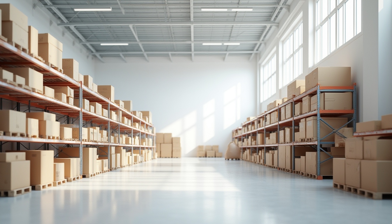 Prompt: Warehouse interior, white walls, bright atmosphere, clean floors, organized shelves, boxes stacked neatly, minimal decor, industrial lighting, high ceiling, large windows, natural light pouring in, calm ambiance, 3/4 composition, soft focus, slight blur effect, realistic rendering.