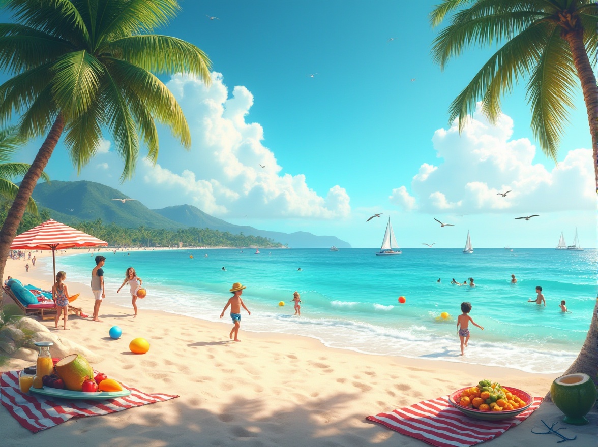 Prompt: Serene beach scene, warm sunny day, clear blue sky with puffy white clouds, gentle ocean breeze, calm turquoise water, soft foamy waves, seagulls flying overhead, palm trees swaying gently, colorful beach balls and inflatables scattered, children laughing and playing in the shallow water, a few sailboats and yachts in the distance, warm sand beneath bare feet, beach towels and sunshades set up, refreshing coconut drinks and tropical fruits on a nearby picnic mat, laid-back surfers riding the waves, soft golden lighting, 3/4 composition, cinematic depth of field, vibrant colors.