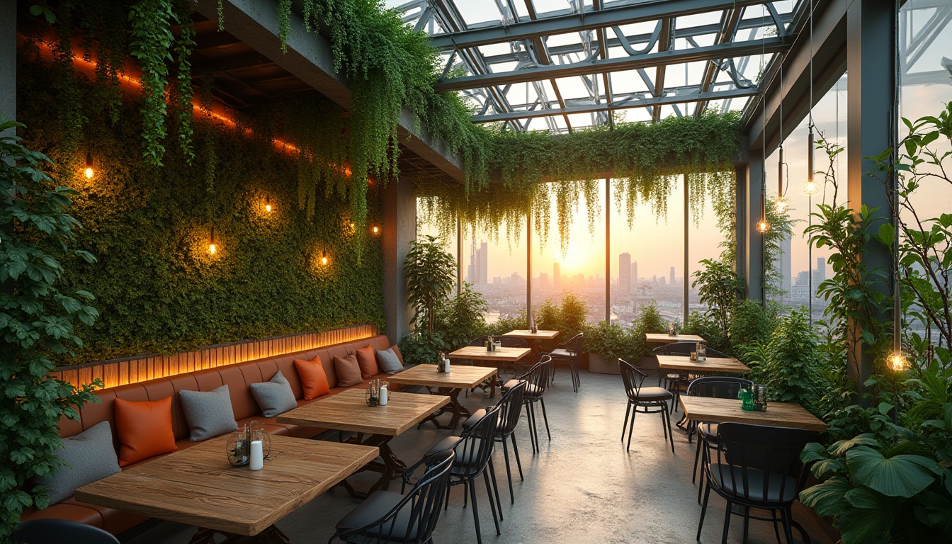 Prompt: Urban community space, green architecture, modern city, rooftop bar, lush greenery, vertical garden, living walls, wooden accents, steel frames, glass ceiling, natural light, cozy atmosphere, comfortable seating, warm lighting, urban jungle, skyscraper background, sunset view, 3/4 composition, soft focus, ambient occlusion, cinematic mood.