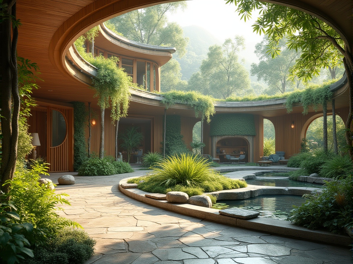 Prompt: Eco-friendly building, sustainable practices, organic architecture, futuristic design, green walls, living roof, solar panels, recycled materials, wooden structure, curved lines, natural lighting, airy interior, open space, potted plants, water feature, stone pavement, serene atmosphere, morning light, soft focus, 3/4 composition.