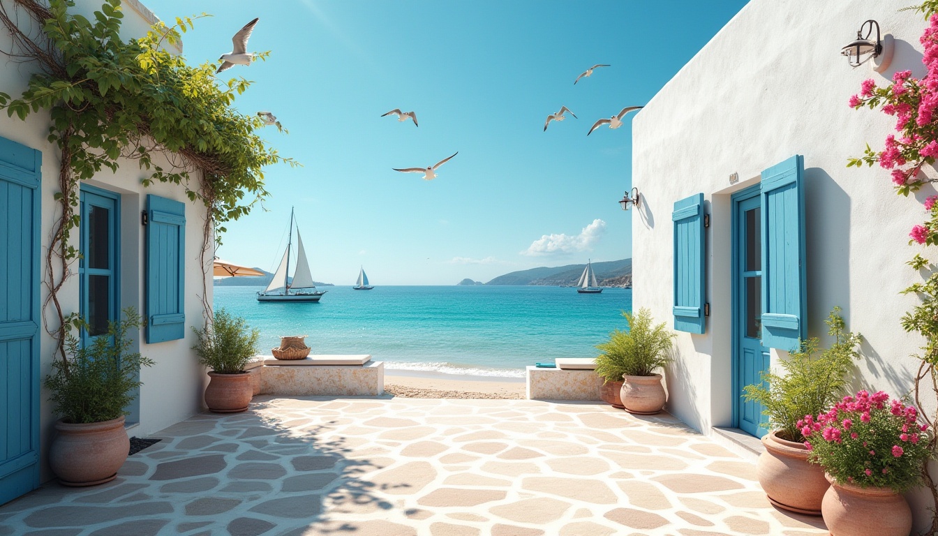 Prompt: Seaside villa, Mediterranean style, white walls, blue windows, rustic wooden doors, potted plants, vines crawling up walls, sandy beach, clear turquoise water, sailboats in distance, seagulls flying overhead, warm sunny day, gentle sea breeze, 3/4 composition, shallow depth of field, vivid colors, cinematic lighting.