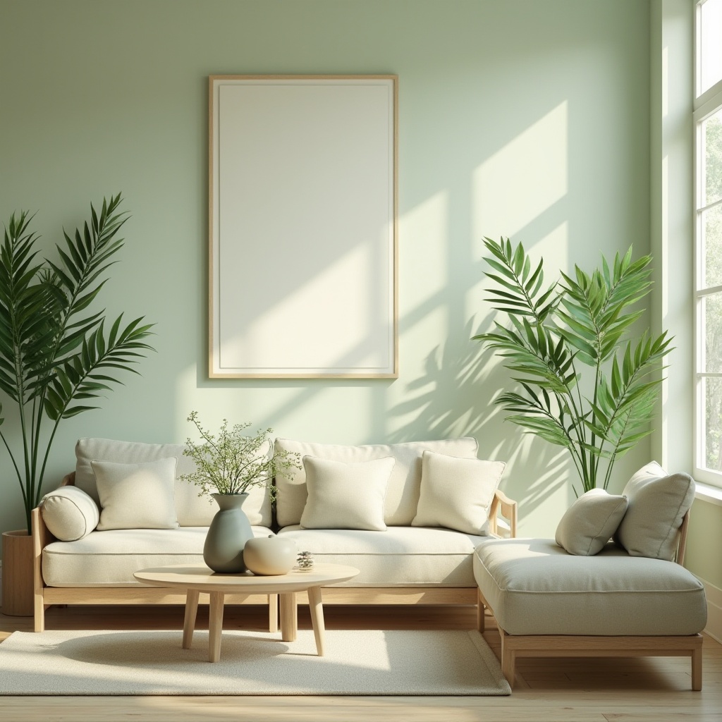 Prompt: Modern interior design, Celadon color scheme, soft pastel tone, calming atmosphere, Scandinavian style furniture, minimalist decor, large windows, natural light pouring in, greenery plants, wooden flooring, cream-colored walls, elegant vase on coffee table, warm ambient lighting, 3/4 composition, shallow depth of field, soft focus, cinematic mood.