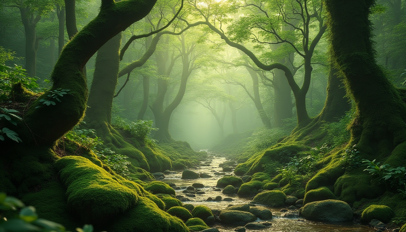 Prompt: Moss green, natural scenery, vibrant forest, misty atmosphere, ancient trees, twisted vines, emerald moss covering stones, gentle streams, warm sunlight filtering through leaves, soft focus, shallow depth of field, peaceful ambiance, serene composition.