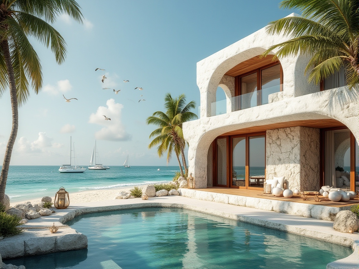 Prompt: Modern coastal villa, combining traditional and modern elements, white stone walls, curved lines, large windows, wooden accents, nautical ropes, lanterns, palm trees, beachside, turquoise ocean, sailboats, seagulls flying overhead, sunny day, warm soft lighting, 3/4 composition, shallow depth of field, cinematic atmosphere, natural textures, earthy tones.