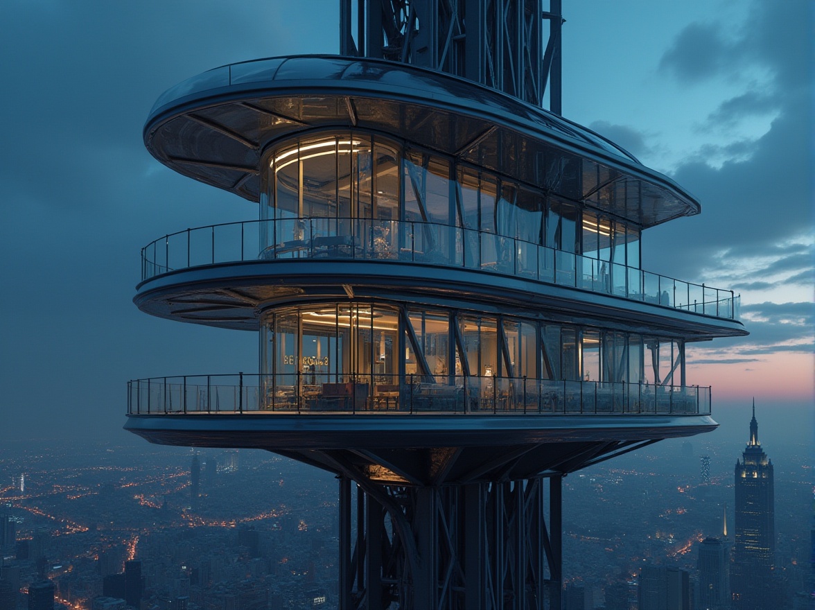 Prompt: Functional watching tower, futuristic design, sleek metal structure, glass walls, steel beams, minimalistic, modern architecture, urban skyscraper, cityscape, metropolitan area, concrete foundation, intricate details, LED lights, night scenery, panoramic view, 3/4 composition, high-angle shot, dramatic lighting, cinematic atmosphere.