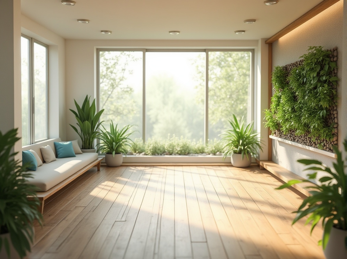 Prompt: Simple, modern, minimalist room, large windows, natural light pouring in, calm atmosphere, a few potted plants, greenery, wooden floor, low-profile furniture, clean lines, minimal decorations, subtle color palette, earthy tones, beige, white, nature-inspired accents, branches, stones, living wall, vertical garden, serene background, warm lighting, soft focus, shallow depth of field, peaceful ambiance, morning light, gentle shadows.