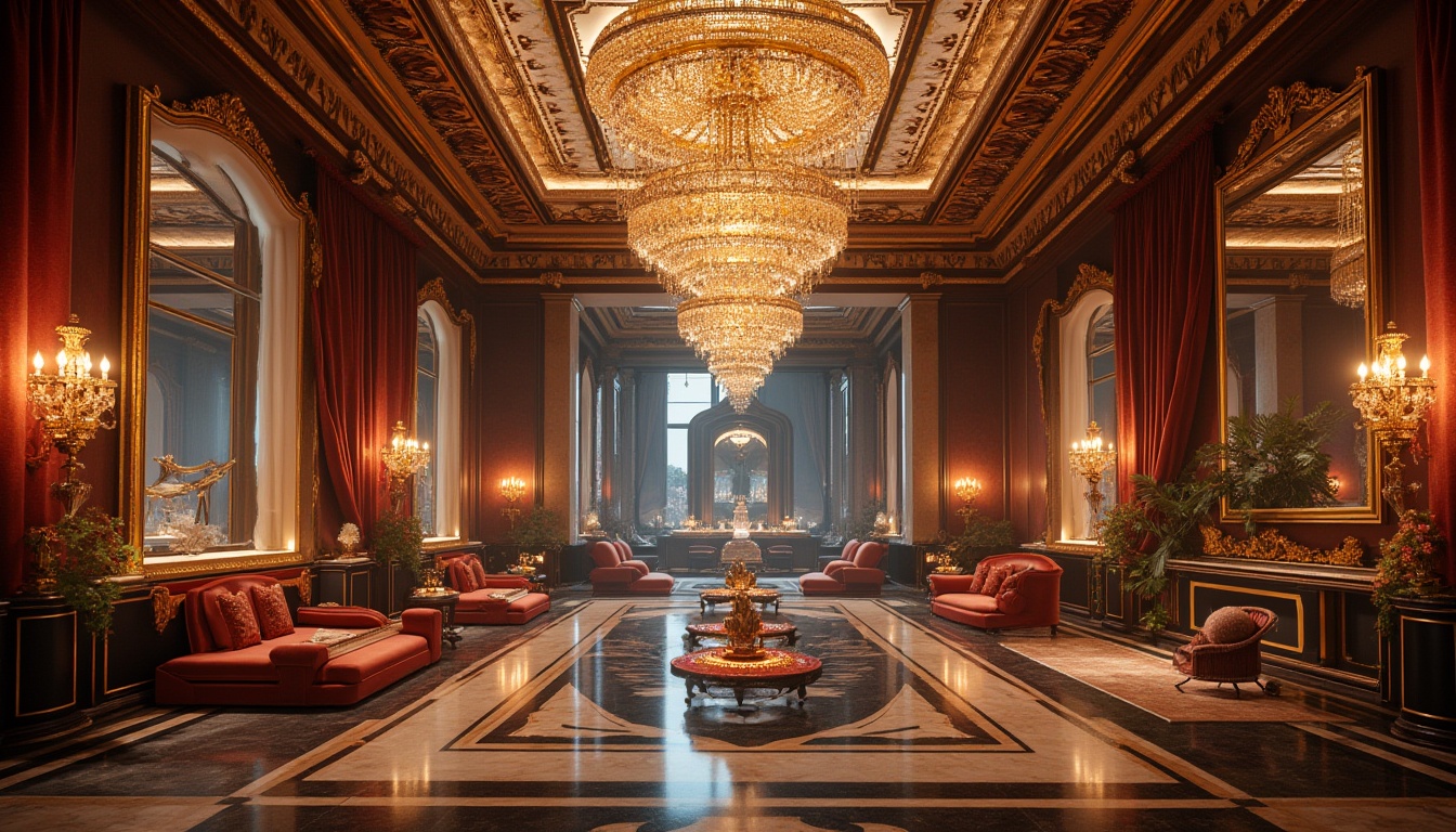 Prompt: Baroque style, modern twist, luxurious interior, grand chandelier, ornate gold frames, intricate patterns, velvet drapes, marble floors, lavish furniture, ornamental mirrors, fresco ceiling, dramatic lighting, warm color palette, opulent atmosphere, futuristic accents, sleek lines, abstract shapes, neon lights, digital displays, high-tech gadgets, cyberpunk elements, steampunk influences.