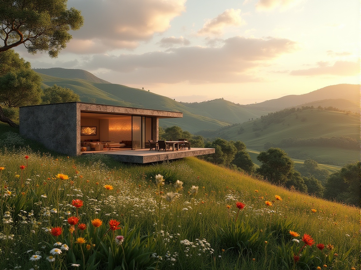 Prompt: Modern villa, integrating architecture with natural meadows, rolling hills, green pastures, wildflowers blooming in vibrant colors, wooden deck, glass windows, minimalist interior design, open floor plan, natural lighting, stone walls, lush vegetation, serene atmosphere, sunset time, warm golden light, soft shadows, 3/4 composition, panoramic view, cinematic depth of field, realistic textures, ambient occlusion.