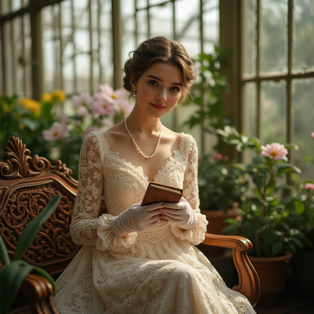 Prompt: Elegant lady, neoclassical style, greenhouses, botanical garden, Victorian era, intricate iron framework, lush greenery, exotic flowers, soft natural light, warm atmosphere, delicate fingers holding a small notebook, wearing a long-sleeved lace dress, gloves, pearls, updo hairstyle, subtle smile, sitting on a ornate wooden bench, surrounded by potted plants, classical music playing in the background, soft focus, cinematic composition, warm color tone.