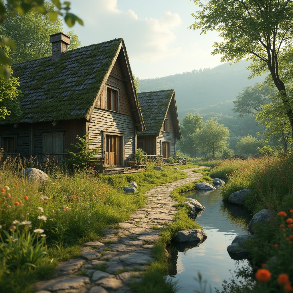 Prompt: Rural social housing, moss green exterior walls, wooden texture, natural material, earthy tone, serene atmosphere, rolling hills, scattered trees, wildflowers blooming, winding stone path, tranquil pond reflection, gentle sunlight filtering through leaves, warm ambient lighting, 3/4 composition, soft focus, shallow depth of field, rustic rural setting, peaceful countryside living.