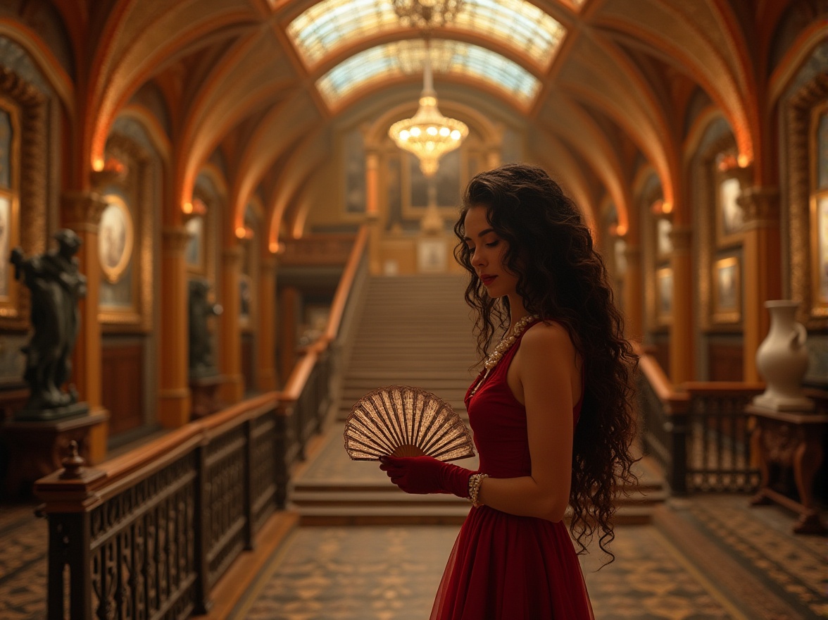 Prompt: Art nouveau museum, grand staircase, ornate metal railings, stained glass ceiling, intricate mosaics, elegant curved lines, luxurious velvet curtains, warm golden lighting, ornate frames, sculptures, vases, flowers, soft focus, shallow depth of field, warm color palette, low-key lighting, dramatic shadows, elegant lady, long curly hair, red dress, gloves, pearls, holding a fan, standing, admiring art pieces, close-up, facial expression, soft makeup, gentle smile.