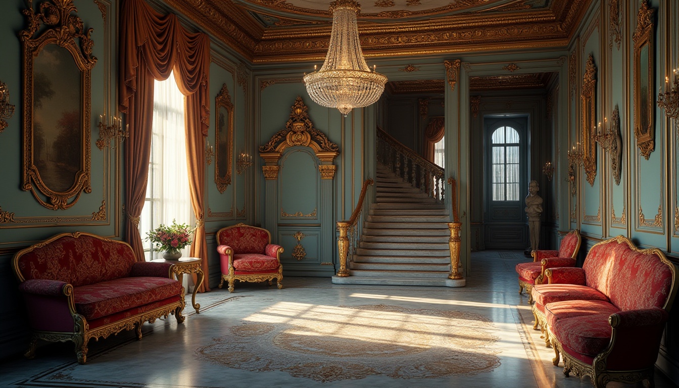 Prompt: Romantic era, luxurious interior, ornate furniture, Prussian blue walls, velvet drapes, golden frames, intricate patterns, lavish decorations, crystal chandelier, soft warm lighting, detailed textures, regal atmosphere, Victorian style, 19th century, European palace, majestic architecture, grand staircase, marble floors, richly adorned columns, subtle shadows, cinematic composition, HDR.