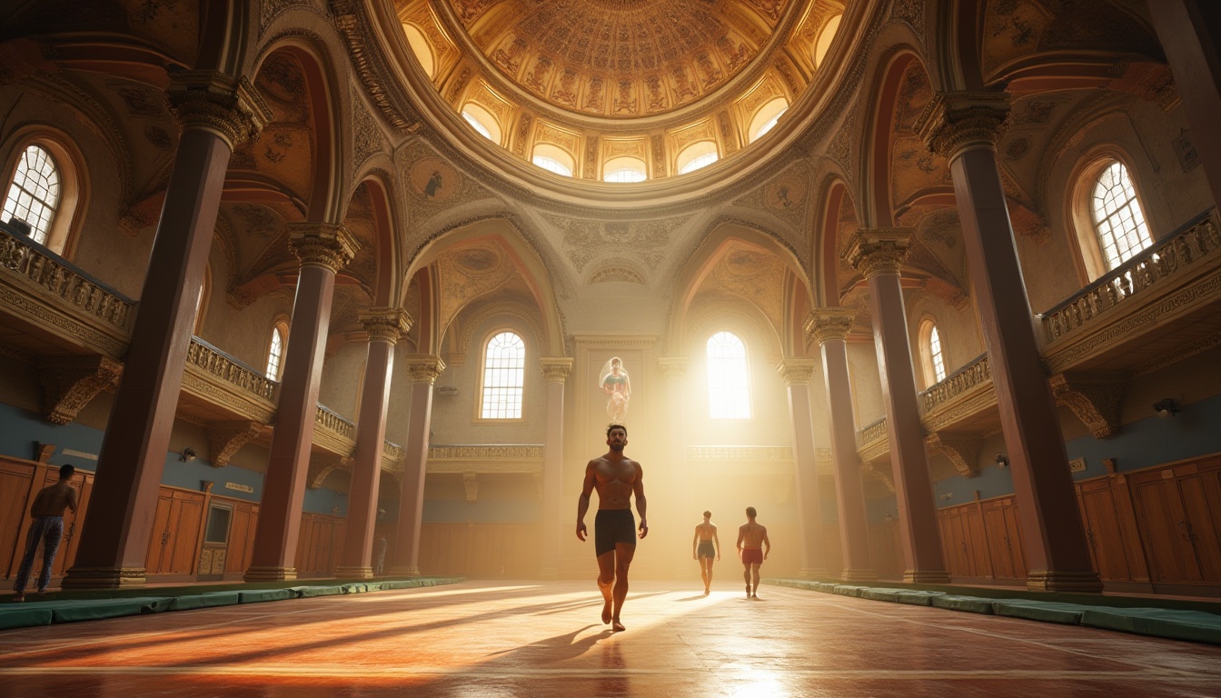 Prompt: Byzantine style gymnasium, majestic domed ceiling, intricate mosaics, grandeur architecture, marble floors, columns with ornate capitals, stained glass windows, warm golden lighting, soft natural light pouring in, athletic tracks, gymnastics equipment, balance beams, uneven bars, vaulting horses, pommel horses, exercise mats, athletes in motion, dynamic poses, sweat-drenched faces, determination etched on their features, ambient mist, atmospheric perspective, cinematic composition, dramatic shadows, 3/4 angle view.