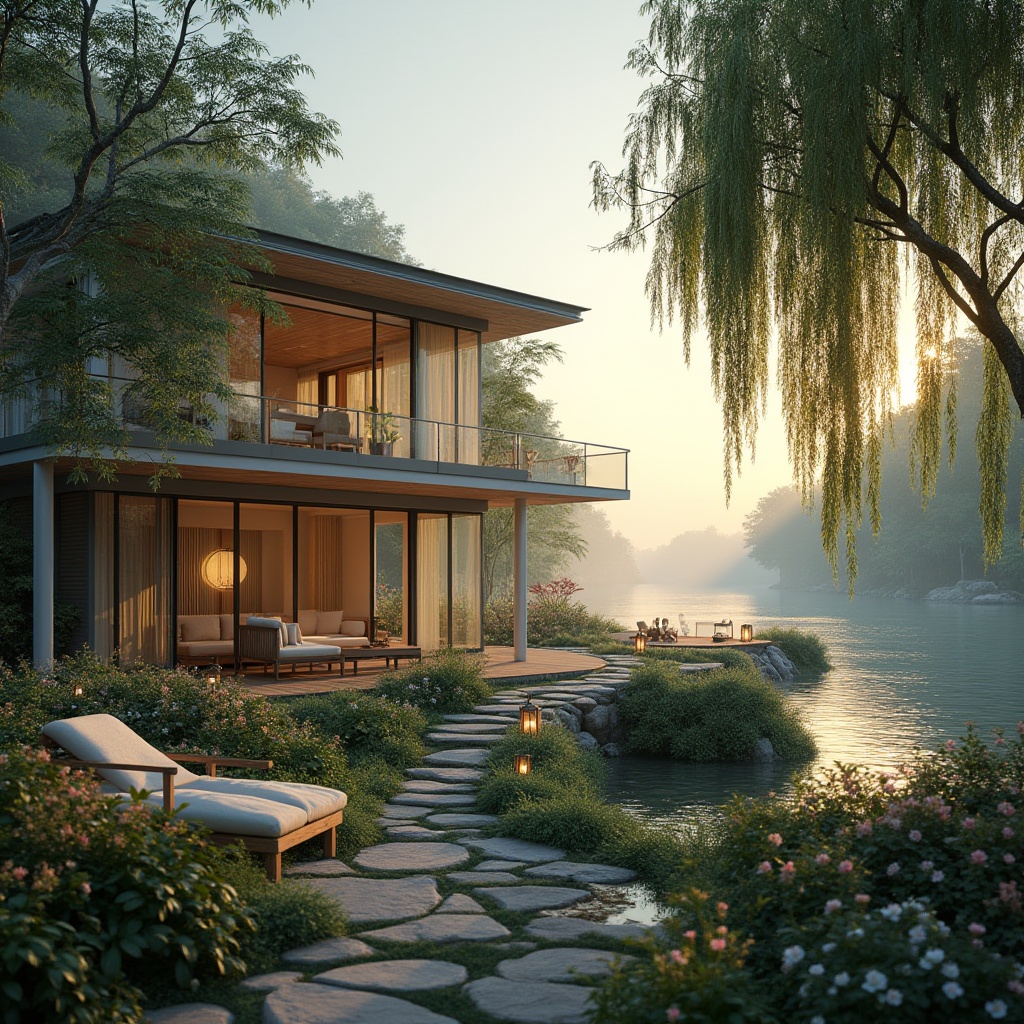 Prompt: Riverbank villa, harmonious design, modern architecture, glass windows, wooden decks, white pillars, green roofs, waterfront views, sunrise, misty morning, river flowing gently, lush greenery, weeping willows, blooming flowers, winding stone path, lanterns, comfortable outdoor furniture, warm ambient lighting, soft focus, cinematic composition, 3/4 view, gentle reflections on the water surface.