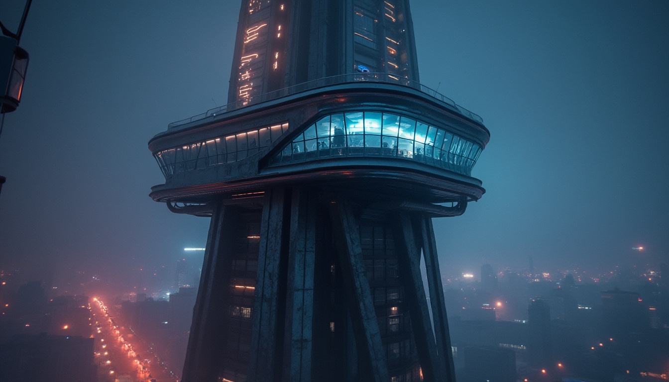 Prompt: Modern skyscraper watchtower, futuristic architecture, sleek metallic structure, glass windows, steel beams, intricate details, night scene, cityscape, vibrant neon lights, misty fog, low-angle shot, cinematic composition, dramatic lighting, 3/4 view, atmospheric perspective, complex textures, reflective surfaces, urban landscape.