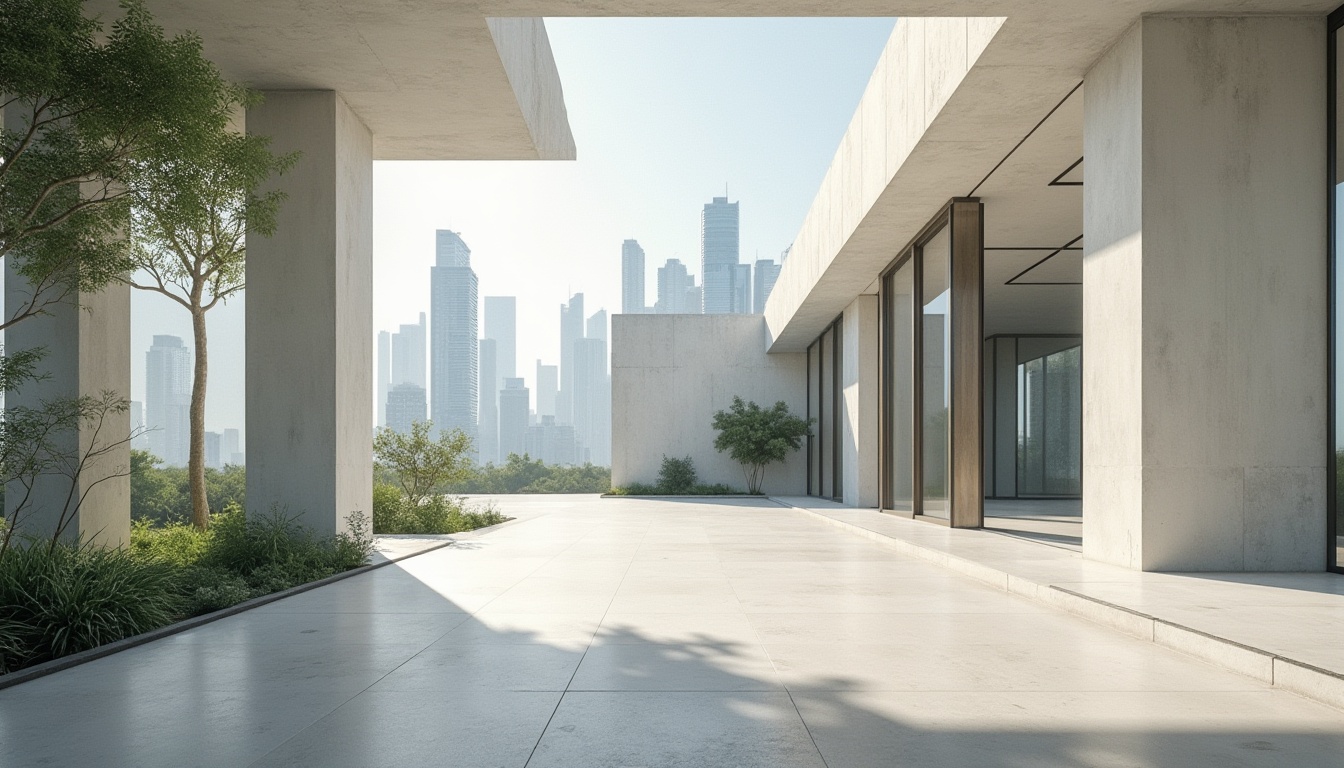 Prompt: Modern building, architectural design, white plastered concrete walls, clean lines, minimal decor, urban landscape, cityscape, skyscraper background, sunny day, dramatic lighting, low-angle shot, 3/4 composition, strong shadows, realistic texture, brutalist style, raw concrete floors, large windows, sliding glass doors, greenery interior, natural light pouring in.