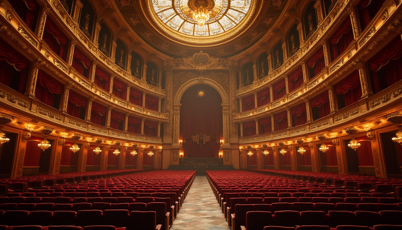 Prompt: Grand, ornate opera house, historic architecture, Baroque style, intricate details, red velvet curtains, golden chandeliers, lavish interior, marble floors, grand staircase, majestic auditorium, plush seats, elegant balconies, refined atmosphere, evening scene, soft lighting, dramatic shadows, 3/4 composition, symmetrical framing, wide-angle lens, European cityscape, urban landscape, nighttime, cultural heritage, iconic landmark.