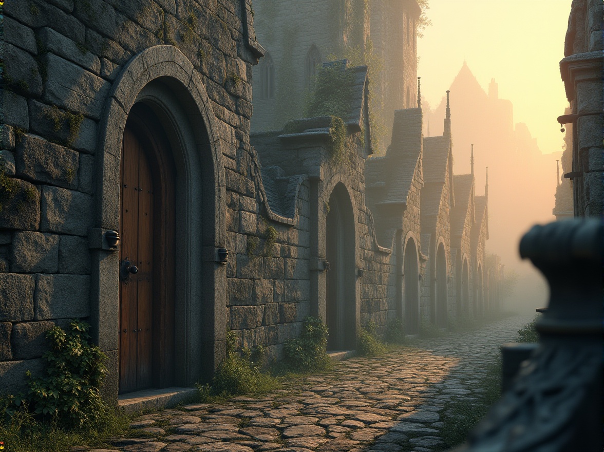 Prompt: Watchtower, medieval architecture, ancient stone walls, intricate carvings, Gothic spires, mysterious atmosphere, misty morning, golden hour lighting, warm soft colors, earthy tones, moss-covered stones, overgrown vines, worn wooden doors, ornate metal handles, subtle color grading, cinematic composition, symmetrical framing, atmospheric perspective, dramatic shadows, high contrast.