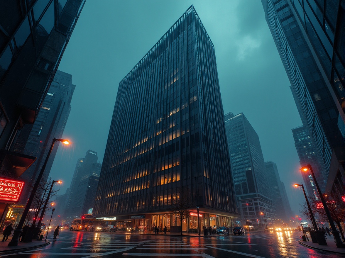 Prompt: Modern urban skyscraper, sleek black glass exterior, metallic frames, sharp edges, futuristic design, cityscape background, busy streets, neon lights reflection, rainy night, misty atmosphere, dramatic lighting, cinematic composition, low-angle shot, 3/4 view, symmetrical balance, dark tone, mysterious mood, metropolitan feel.