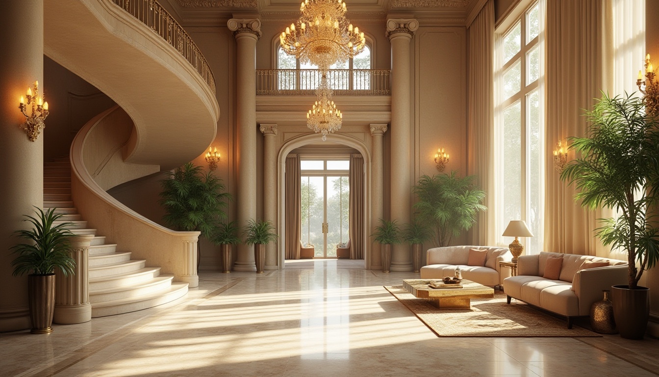 Prompt: Limestone hotel interior, luxurious lobby, grand staircase, limestone columns, marble floors, crystal chandeliers, elegant sofas, lavish greenery, warm ambient lighting, soft shadows, natural texture, detailed structure, classical architecture, warm beige color tone, 3/4 composition, low-angle shot, panoramic view, morning light, soft focus, high-end atmosphere.