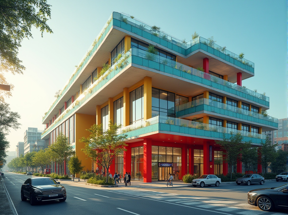 Prompt: Vibrant modern building, sleek lines, angular structure, colorful accents, bold red pillars, bright yellow walls, calming blue roof, greenery surroundings, urban cityscape, busy streets, natural light, warm atmosphere, afternoon sun, shallow depth of field, 3/4 composition, architectural photography, high contrast, HDR rendering.