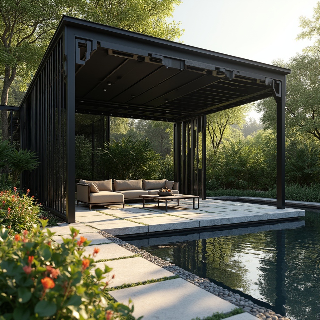 Prompt: Modern pavilion, black metal framework, sleek lines, minimalist style, dark glass roof, reflection pool, surrounding lush greenery, tropical plants, vibrant flowers, natural stone flooring, geometric pattern, subtle lighting, dramatic shadows, low-angle shot, cinematic composition, warm afternoon sunlight, shallow depth of field.