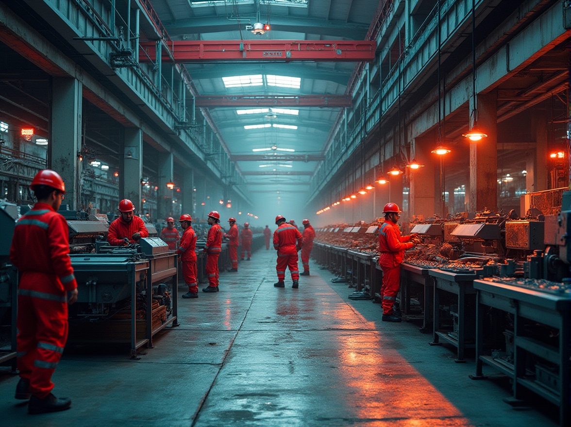 Prompt: industrial factory, modern architecture, bold red accents, metallic structures, steel beams, concrete floors, exposed pipes, industrial lighting, machinery equipment, conveyor belts, crimson safety helmets, red warning signs, vibrant red uniforms, workers in action, dynamic composition, low-angle shot, dramatic lighting, gritty texture.