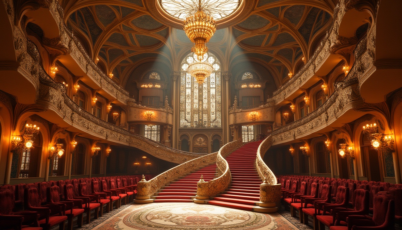 Prompt: Art Nouveau concert house, ornate decorations, curved lines, flowing organic forms, luxurious chandeliers, grand staircase, intricate ironwork, mosaic floors, stained glass windows, vaulted ceilings, ornamental balconies, velvet curtains, gilded details, warm golden lighting, richly patterned carpets, elegant seating areas, beautiful architectural details, symmetrical composition, 3/4 view, shallow depth of field, warm color palette, high dynamic range.