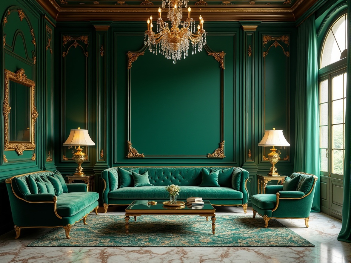 Prompt: Malachite color, luxurious interior, sophisticated ambiance, rich green walls, metallic sheen, ornate gold frames, velvet furniture, emerald accents, patterned rugs, marble floors, crystal chandeliers, lavish decorations, opulent atmosphere, warm soft lighting, 3/4 composition, shallow depth of field, cinematic mood, regal environment, luxurious villa, upscale living room.