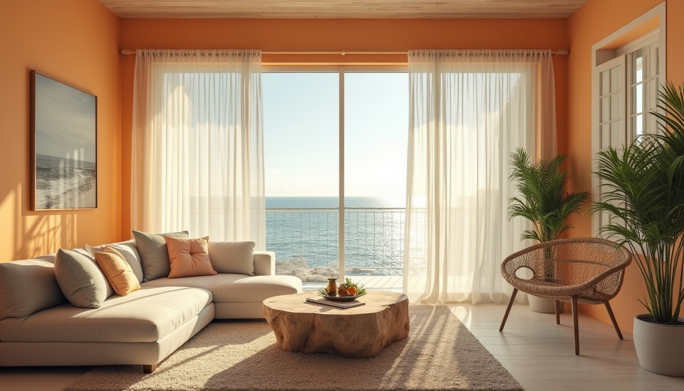 Prompt: Coastal villa, modern interior design, tangerine color accent wall, comfortable sectional sofa, ocean view, large windows, sheer white curtains, driftwood coffee table, woven rattan armchair, potted palm trees, beachy vibe, morning sunlight, soft warm lighting, 3/4 composition, shallow depth of field, natural textures, calm atmosphere.