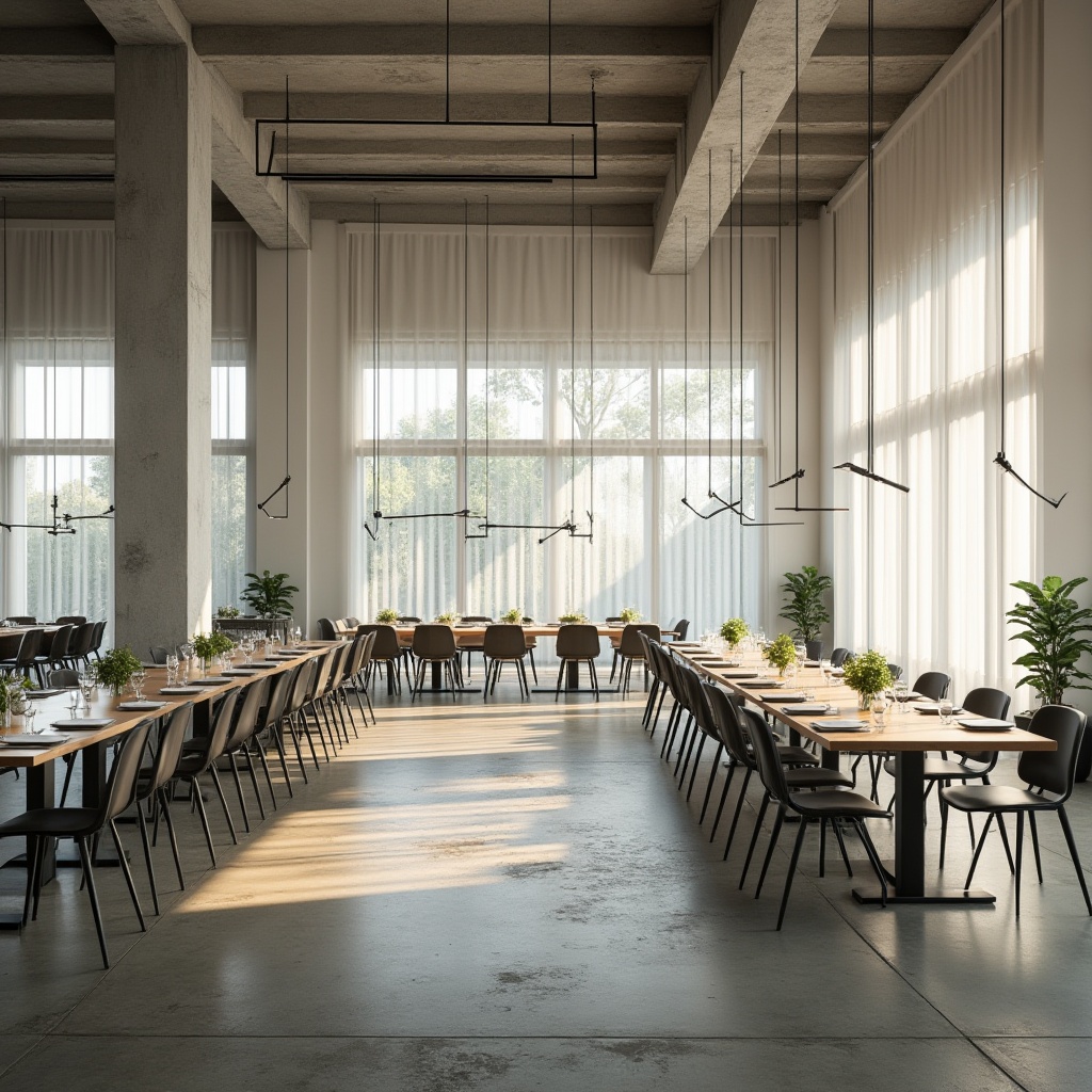 Prompt: Modern dining hall, minimalist Bauhaus style, geometric shapes, clean lines, industrial materials, concrete floor, white walls, large windows, natural light pouring in, rectangular tables, steel chairs, simple pendant lamps, greenery on tables, sparse decorations, functional simplicity, 3/4 composition, high-angle shot, dramatic shadows, warm ambient lighting.