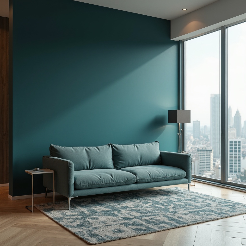 Prompt: Dark cyan accent wall, modern minimalist interior, sleek low-profile sofa, chrome legs, geometric patterned rug, floor-to-ceiling windows, cityscape view, 3/4 composition, softbox lighting, warm beige tone, matte finish, urban loft atmosphere.