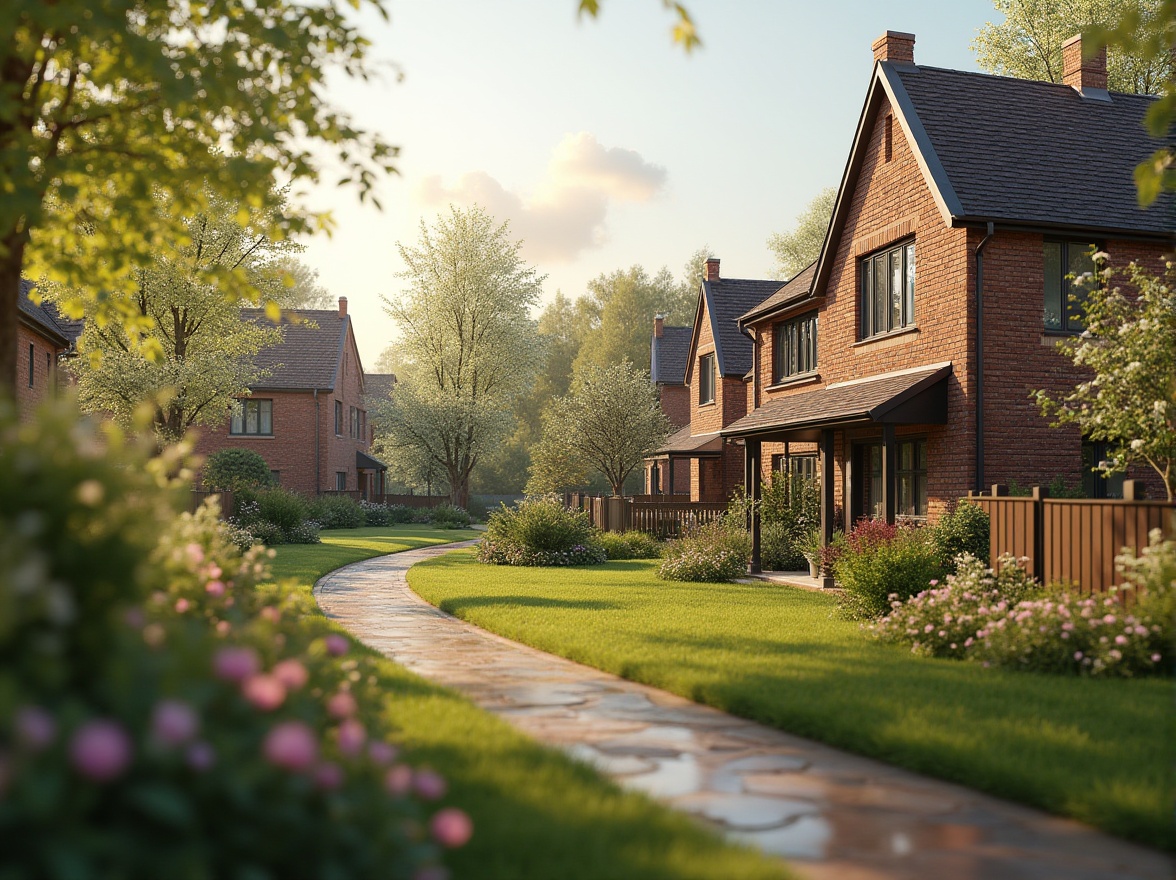 Prompt: Residential areas, suburban neighborhoods, European-style villas, brick houses, greenery surroundings, blooming flowers, lush trees, sunny afternoon, gentle breeze, warm lighting, 3/4 composition, depth of field, soft focus, realistic textures, detailed architecture.