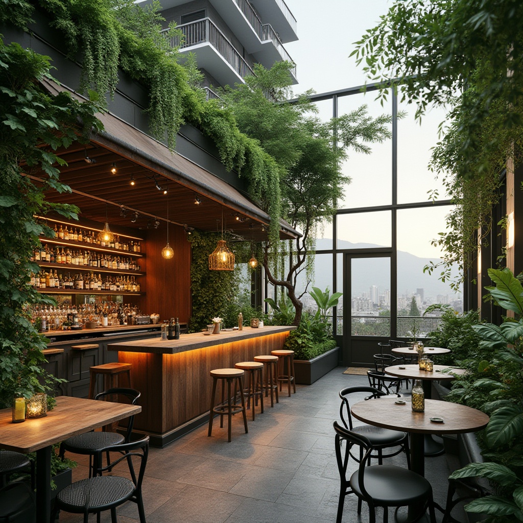 Prompt: Urban bar, green architecture, rooftop garden, lush foliage, reclaimed wood, living wall, solar panels, rainwater harvesting system, energy-efficient lighting, recycled materials, eco-friendly furniture, natural ventilation, urban oasis, serene atmosphere, cityscape view, panoramic view, warm ambient light, 3/4 composition.