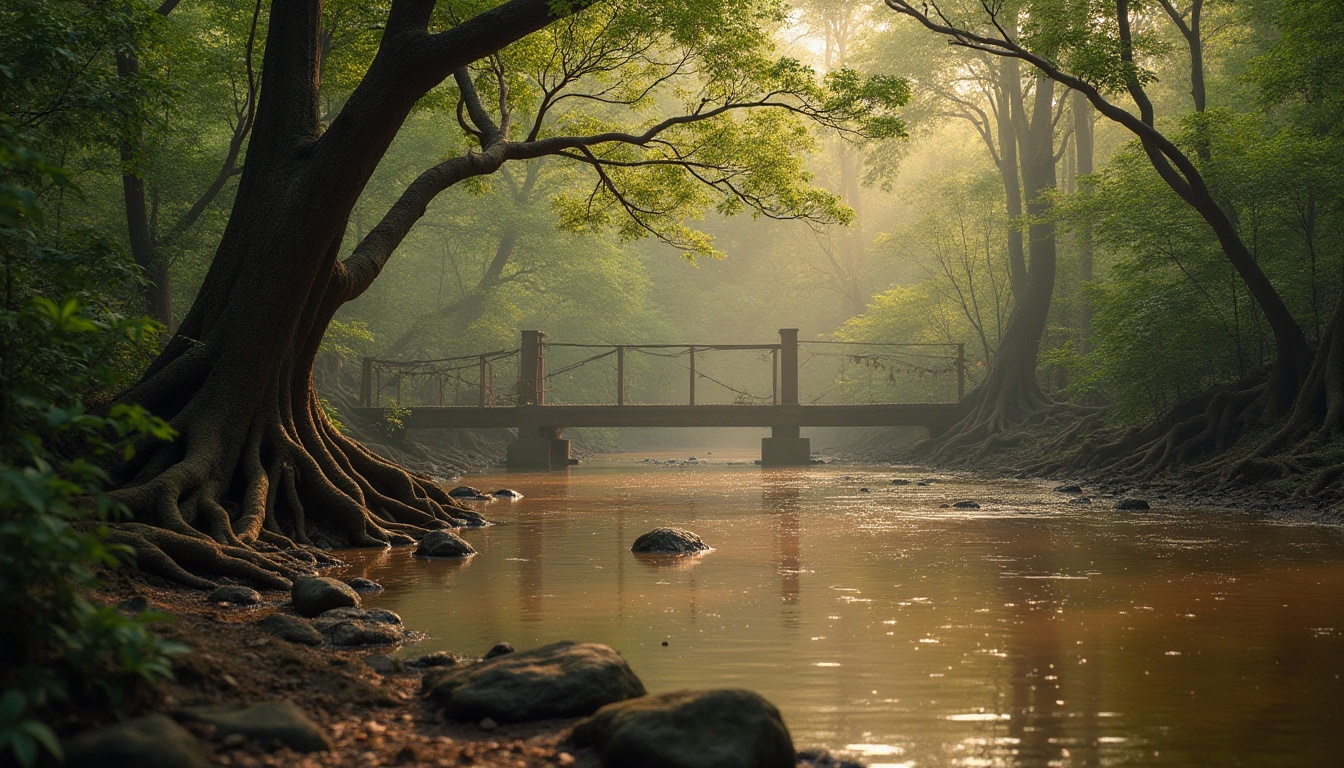 Prompt: Wetland scenery, coffee color tone, earthy atmosphere, murky waters, twisted tree roots, vibrant green foliage, misty morning, warm lighting, soft focus, shallow depth of field, rustic wooden bridge, moss-covered stones, coffee-colored muddy path, subtle ripples on water surface, serene ambiance, naturalistic composition, cinematic mood.