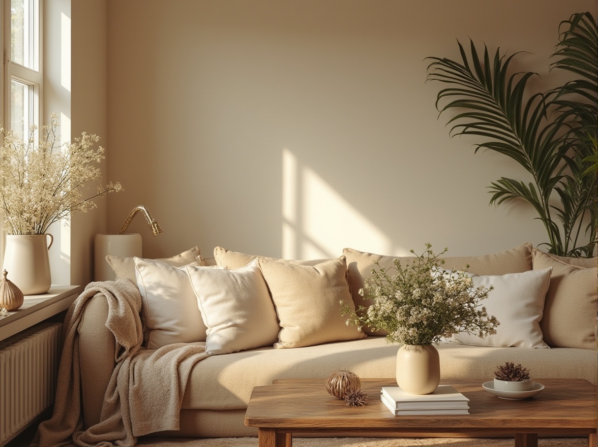 Prompt: Cozy atmosphere, beige color scheme, warm lighting, comfortable seating area, plush cushions, rustic wooden coffee table, vintage decorative items, soft blanket, elegant vase, fresh flowers, greenery, natural materials, earthy tones, calm ambiance, peaceful mood, afternoon sunlight, gentle shadows, 3/4 composition, soft focus, filmic texture.