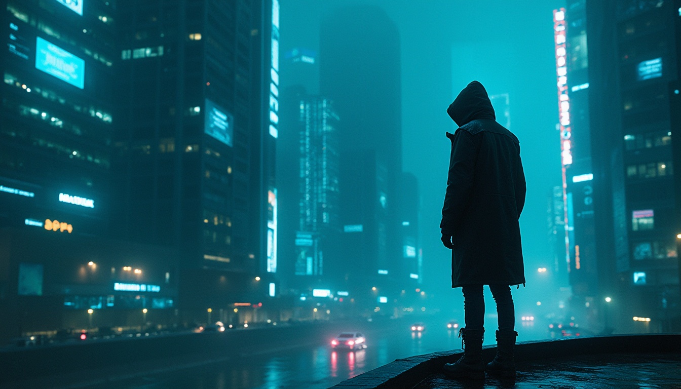 Prompt: Dark cyan, mysterious atmosphere, futuristic cityscape, neon lights reflecting off wet pavement, misty night air, cyberpunk elements, sleek metallic buildings, holographic advertisements, solo figure in long coat, hood up, standing at rooftop edge, gazing out at city, dark cyan accents on leather jacket, ripped jeans, combat boots, dramatic low-angle shot, cinematic composition, high contrast lighting, 3/4 view.