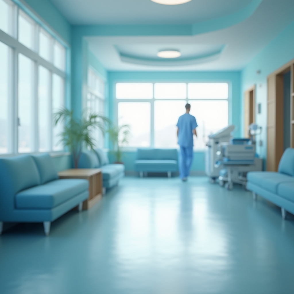 Prompt: calm hospital interior, blue walls, soft blue furniture, minimalist decor, gentle curves, natural light pouring in through large windows, medical equipment with blue accents, nurse in blue scrubs walking in the background, subtle texture on the floor, warm wooden accents, comfortable waiting area, peaceful atmosphere, shallow depth of field, blurred background, natural lighting, 3/4 composition, relaxing ambiance.